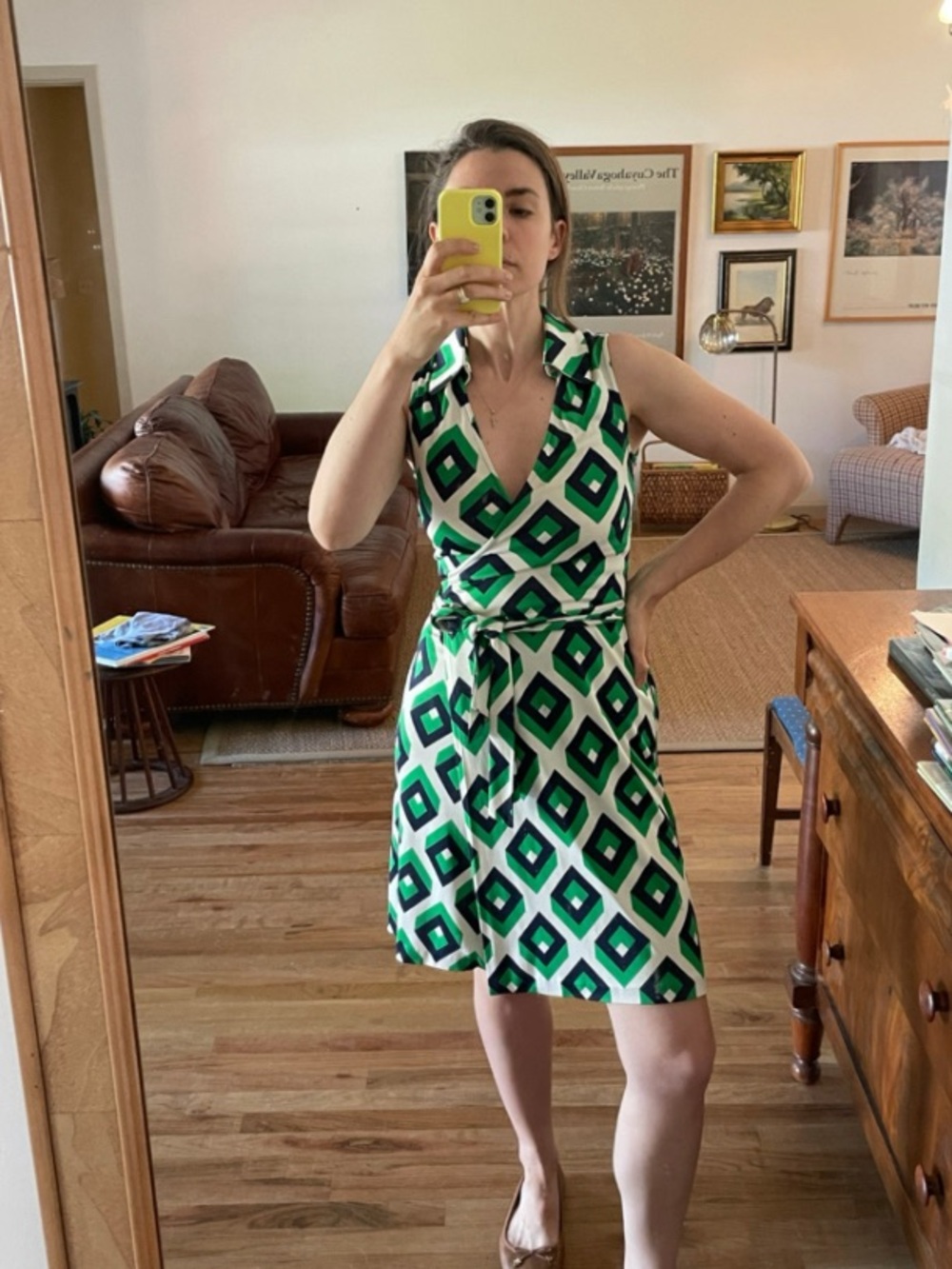 Diane von Furstenburg St Jude Sleeveless Wrap Dress Green Geometric